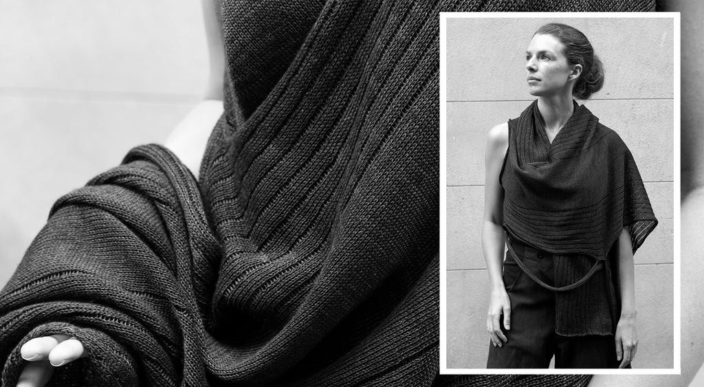 Model wearing Wendy Voon knits linen multi-wrap