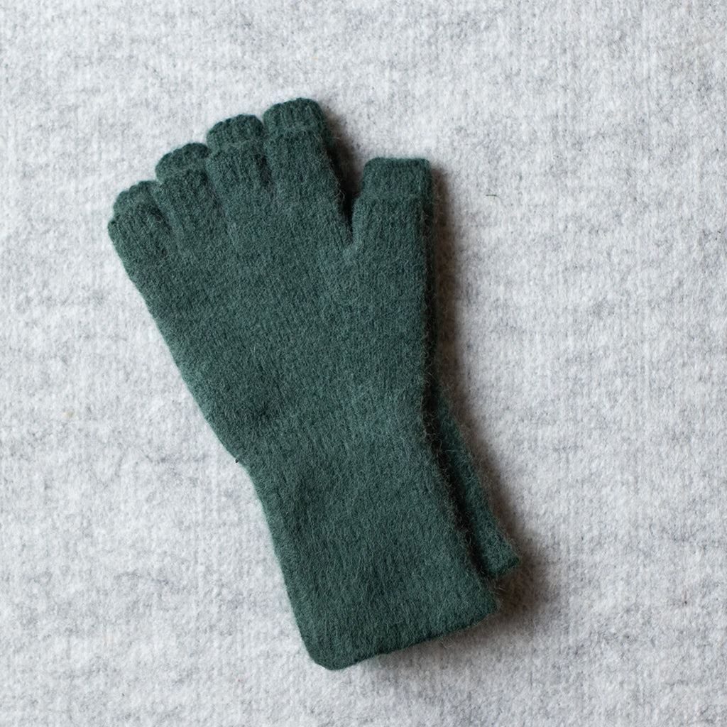 Picture of medium length fingerless gloves made from angorra and lambswool in a spruce colourway