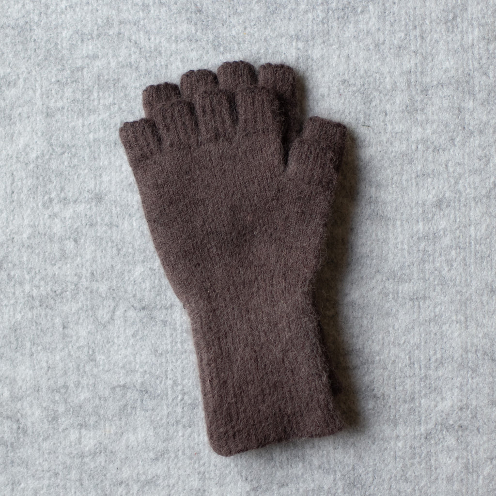 Picture of medium length fingerless gloves made from angorra and lambswool in a milk chocolate colourway