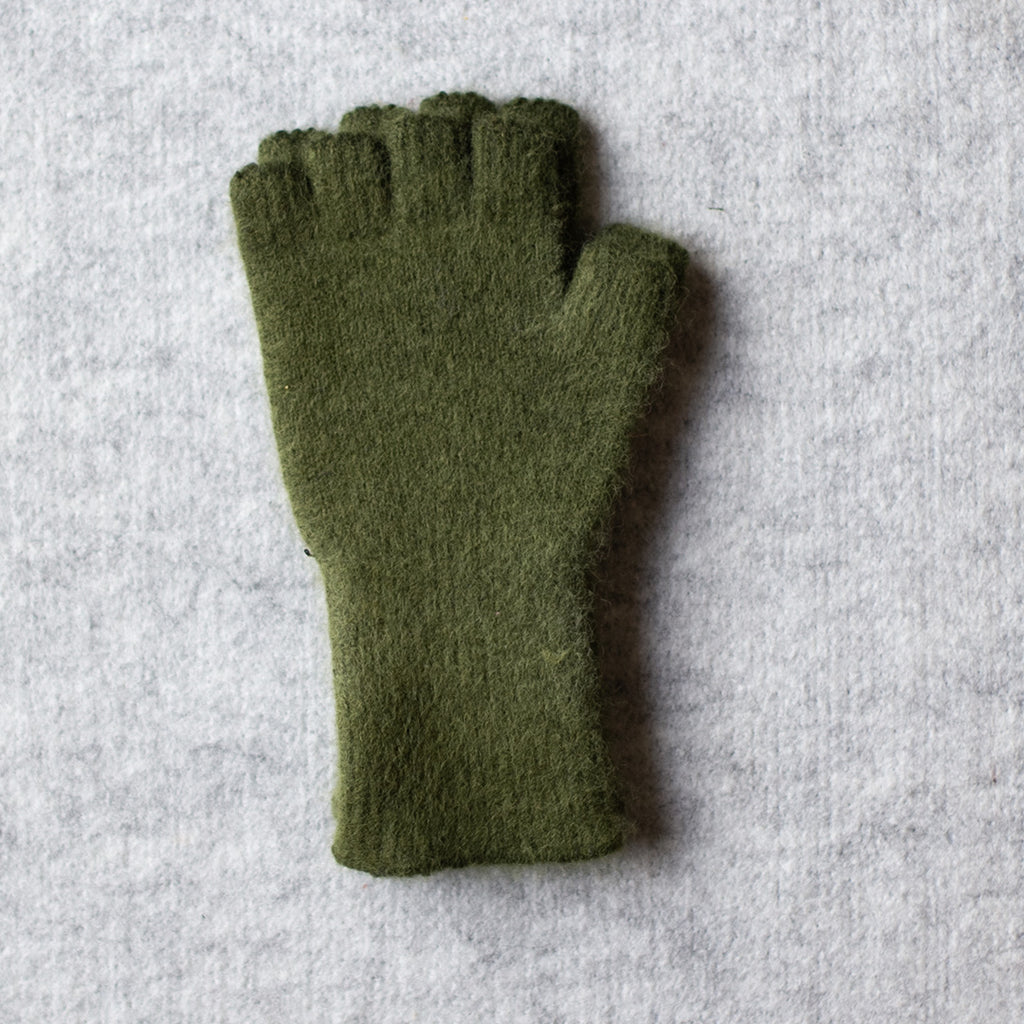 Picture of medium length fingerless gloves made from angorra and lambswool in a moss green colourway