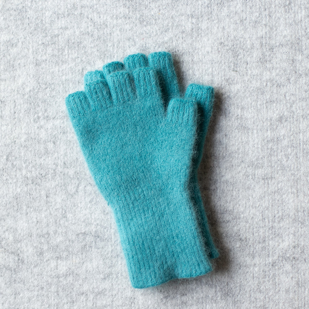 Picture of medium length fingerless gloves made from angorra and lambswool in an acqua colourway