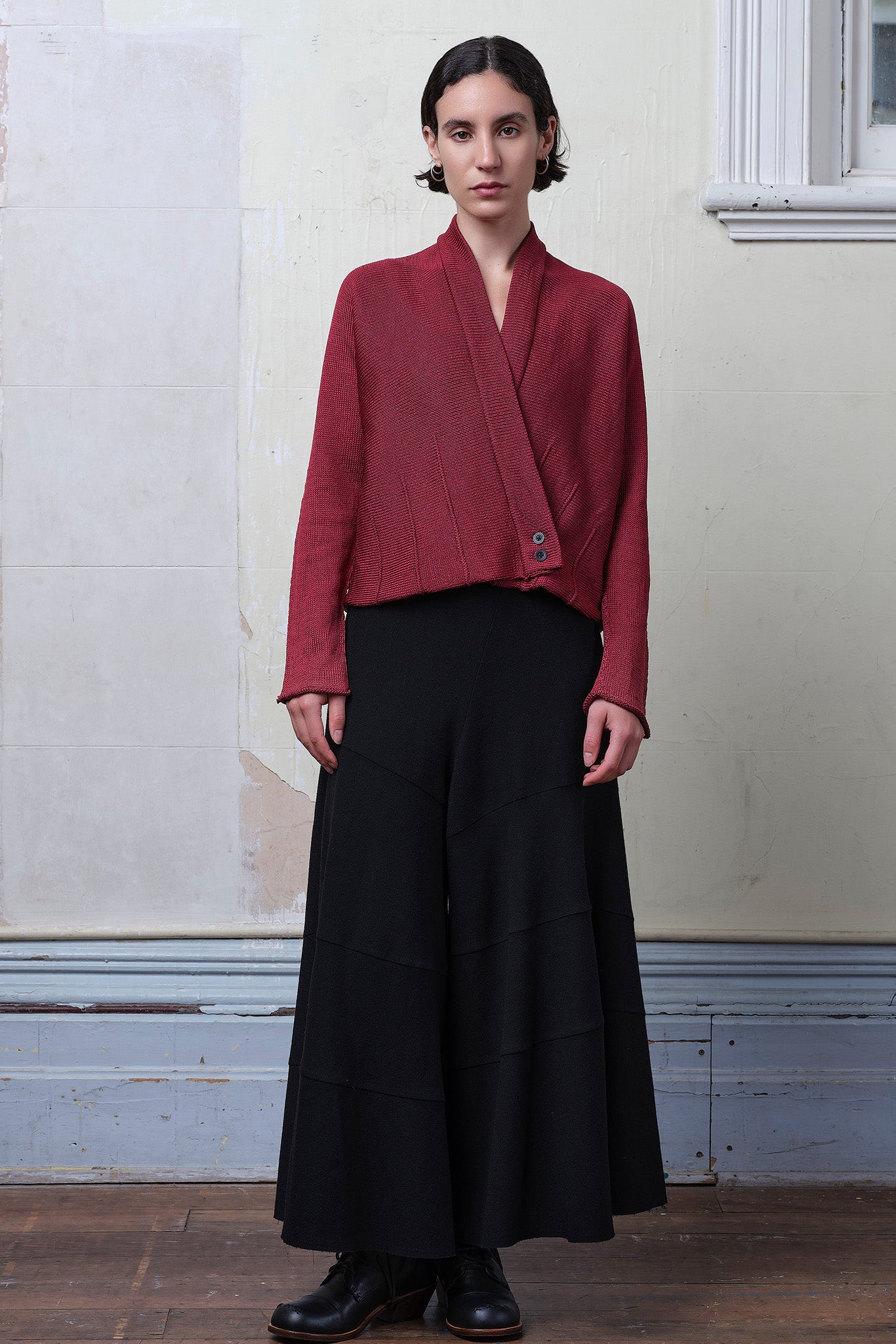Model wears cotton welted cardi in damask rose colourway.