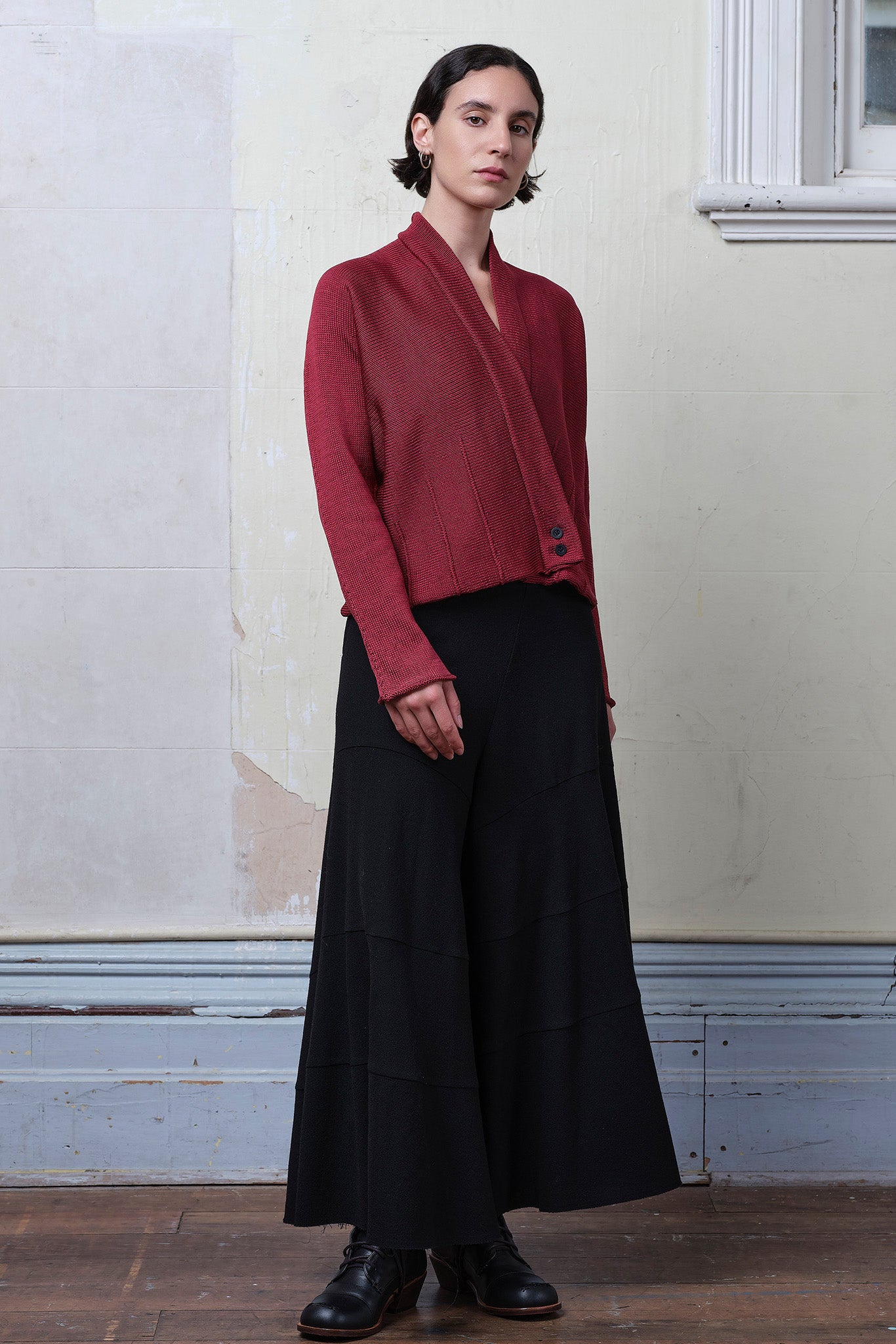 Model wears cotton welted cardi in damask rose colourway.