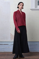 Model wears cotton welted cardi in damask rose colourway.