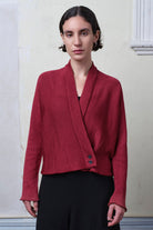 Model wears cotton welted cardi in damask rose colourway.