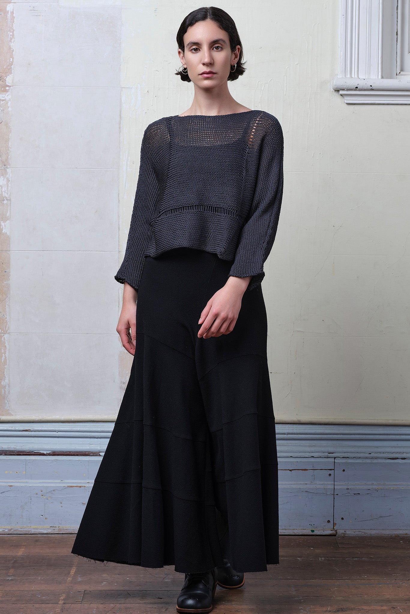 Front view of Cotton Batwing  in slate colourway, featuring large stitch details,  designed by Wendy Voon knits.