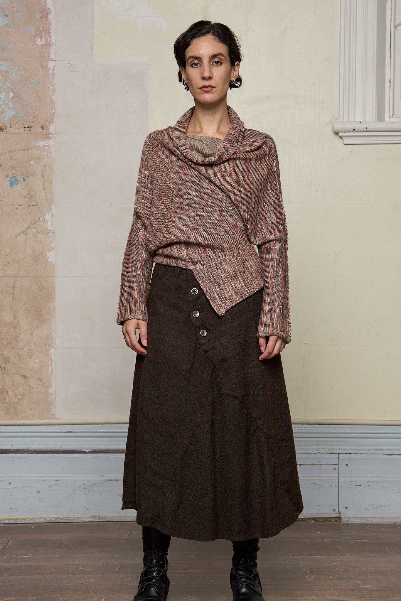 Front view of a alpaca/wool/cotton variegated  bias cut jumper in an autumn melange colourway, a designed by Wendy Voon and made in Melbourne.