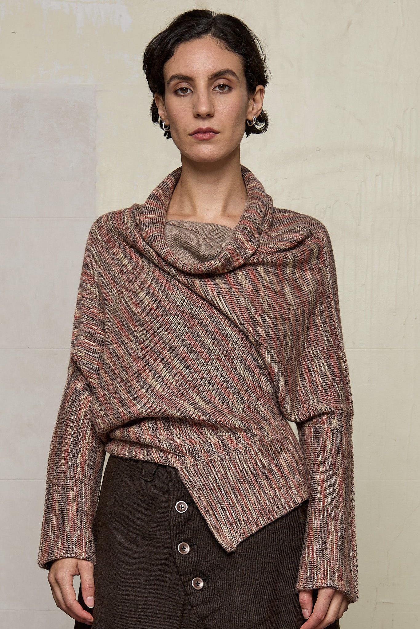 Front view of a alpaca/wool/cotton variegated  bias cut jumper in an autumn melange colourway, a designed by Wendy Voon and made in Melbourne.
