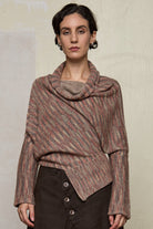 Front view of a alpaca/wool/cotton variegated  bias cut jumper in an autumn melange colourway, a designed by Wendy Voon and made in Melbourne.