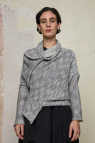 Front view of a alpaca/wool/cotton variegated  bias cut jumper in a winter melange colourway, a designed by Wendy Voon and made in Melbourne.