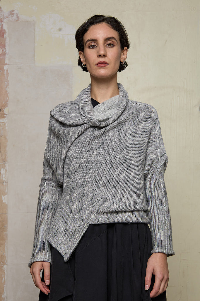 Front view of a alpaca/wool/cotton variegated  bias cut jumper in a winter melange colourway, a designed by Wendy Voon and made in Melbourne.
