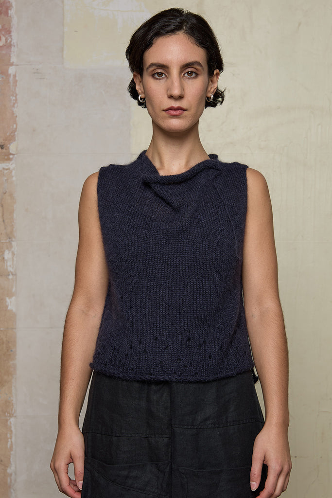 Front view of model wearing super lush knitted vest in midnight colourway, designed and knitted in Melbourne by Wendy Voon knits 
