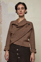 Front view of knitted wool cropped jacket in rust, army and cream melange, designed by Wendy Voon, knitted in Melbourne.
