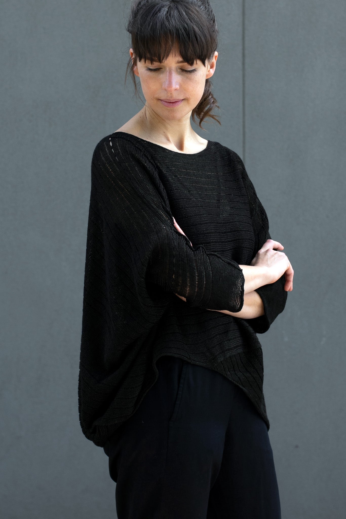 Side view of Tulip Top, made from all Linen, in Seaweed, designed by Wendy Voon