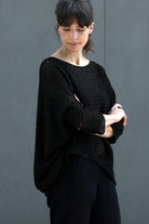 Side view of Tulip Top, made from all Linen, in Seaweed, designed by Wendy Voon