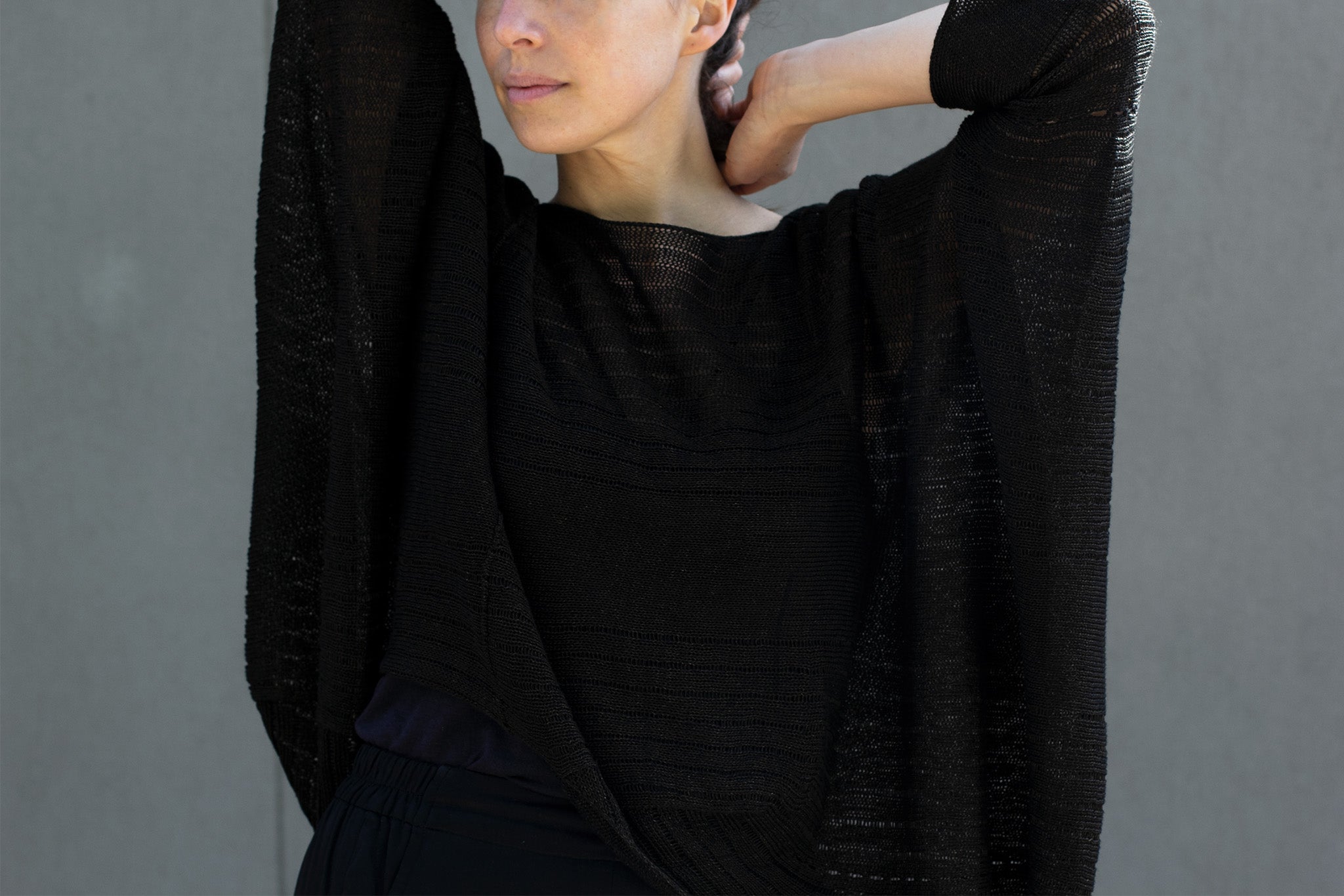 Front view of Tulip Top, made from all Linen, in Seaweed, designed by Wendy Voon