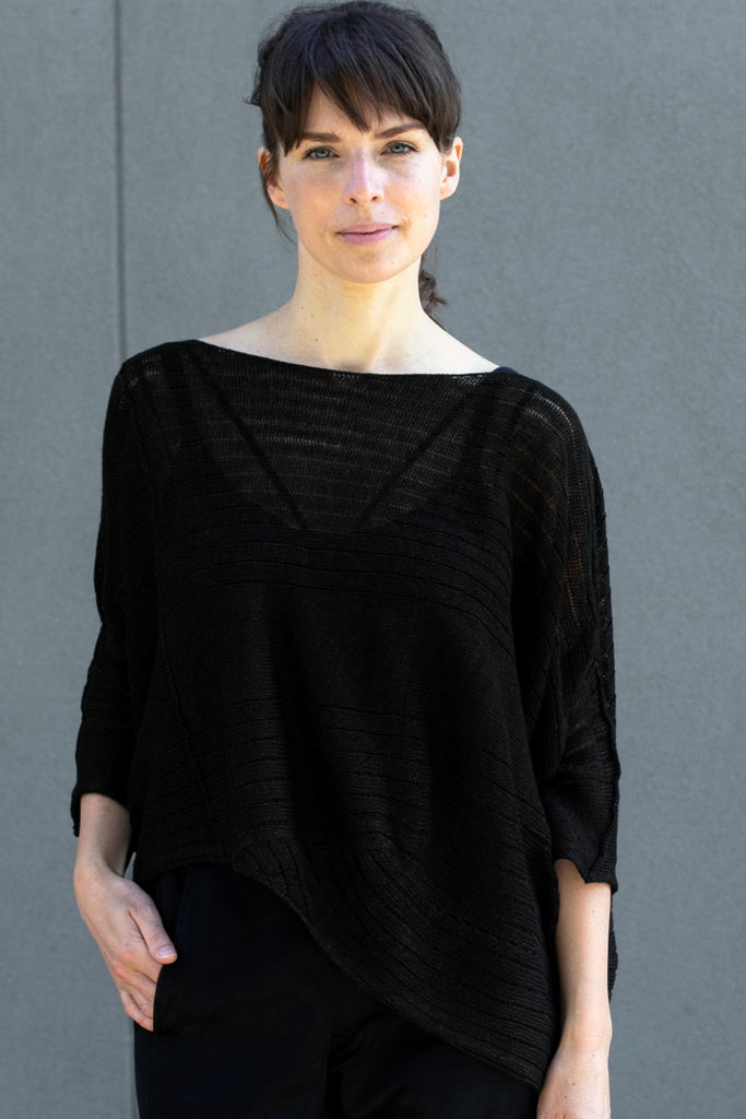 Front view of Tulip Top, made from all Linen, in Seaweed, designed by Wendy Voon