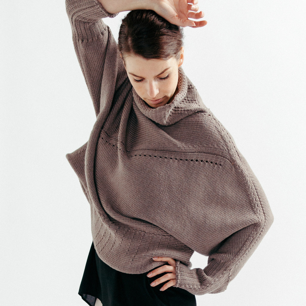 Front view of the Wendy Voon knits Chunky Funnel Neck Batwing jumper design in taupe merino wool 