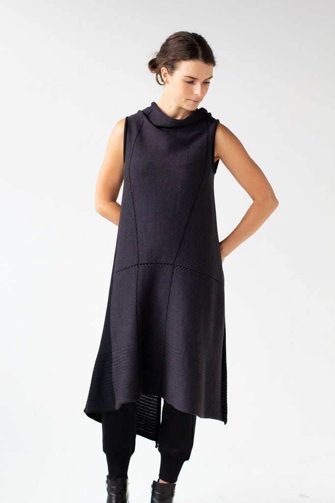 Front full length view of Two Toned Asymmetric Longline vest in charcoal and black, worn back to front showing stripe detail