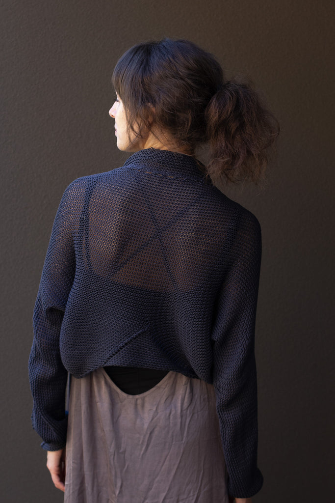 Back view of cotton cropped jumper in slate colour way, worn with shawl collar, designed and made in Melbourne by Wendy Voon