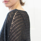 Shoulder seam detail view of Linen Laddered Batwing jumper design by Wendy Voon in charcoal flecked linen and merino wool