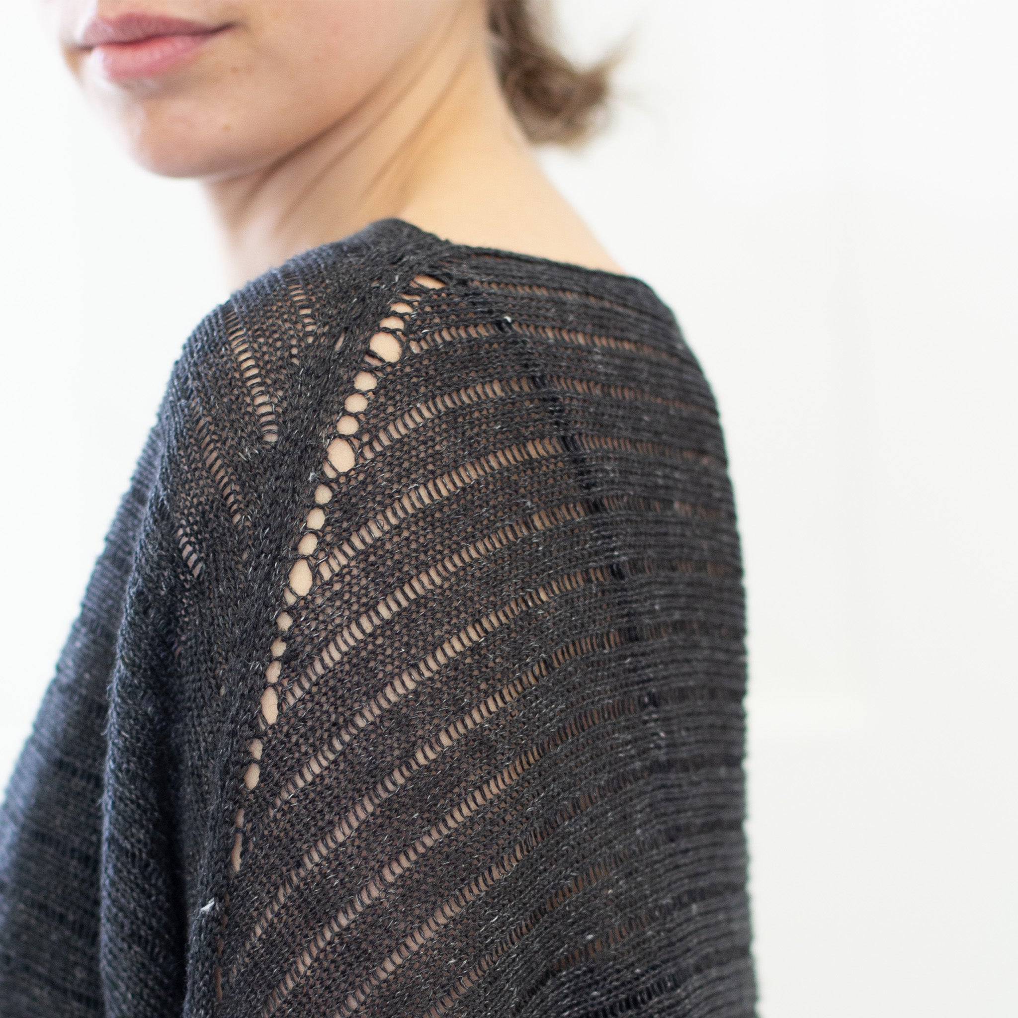 Shoulder seam detail view of Linen Laddered Batwing jumper design by Wendy Voon in charcoal flecked linen and merino wool