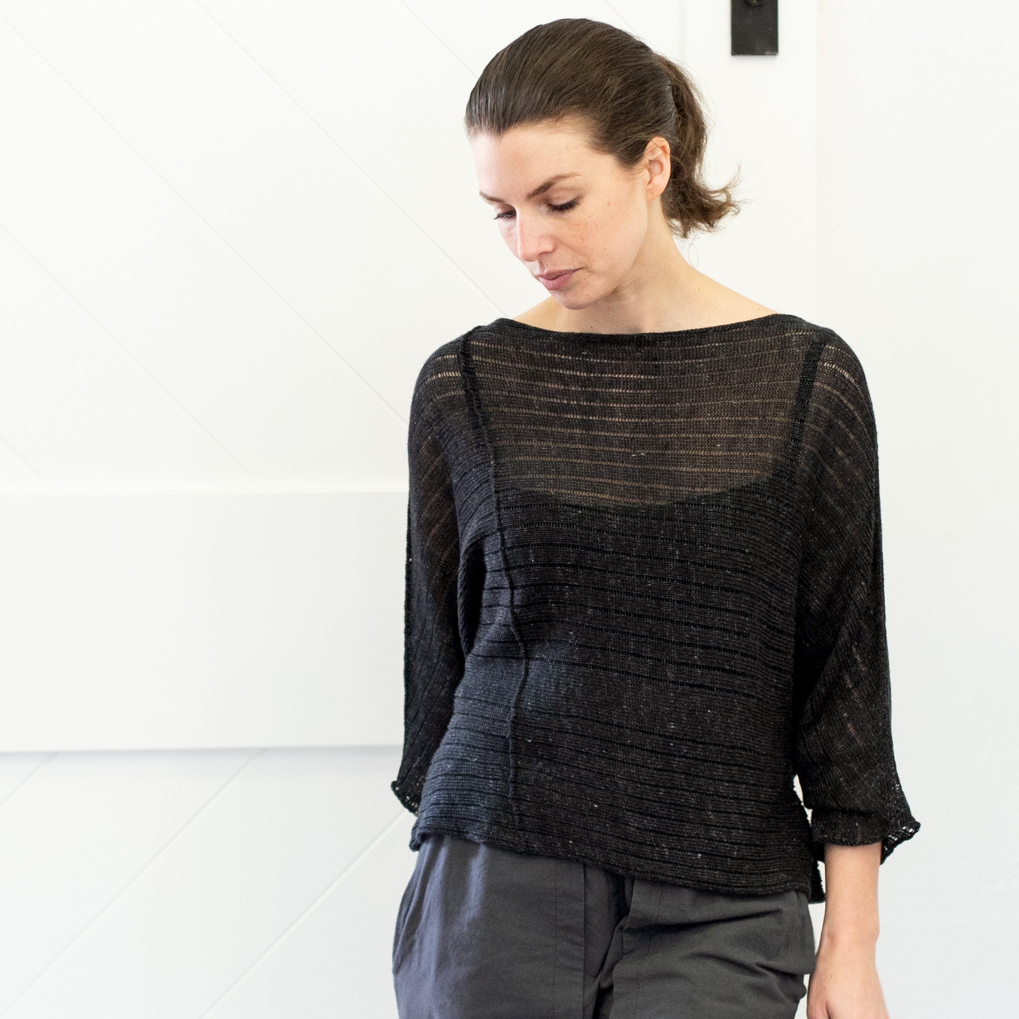 Front view of Linen Laddered Batwing jumper design by Wendy Voon in charcoal flecked linen and merino, showing front seam detail
