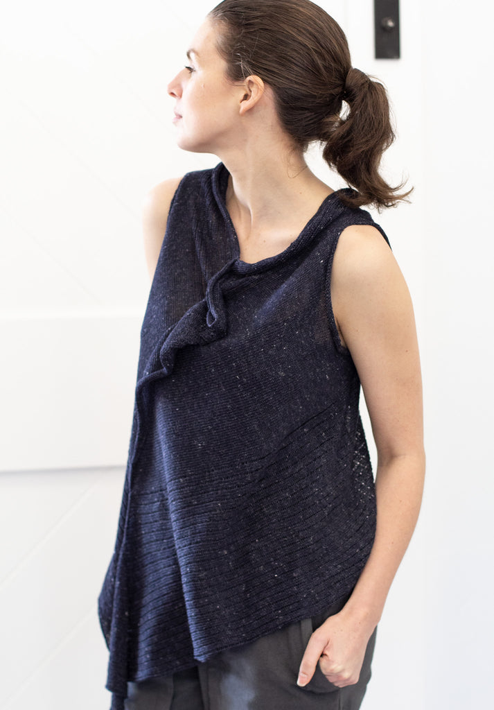 Side front view of Linen Laddered Vest design by Wendy Voon knits in navy flecked linen