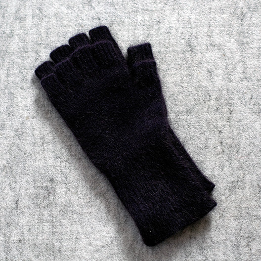 Aubergine coloured fingerless gloves in a merino wool, possum and silk blend