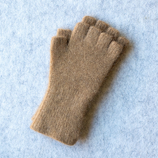 Camel coloured fingerless gloves in a merino wool, possum and silk blend