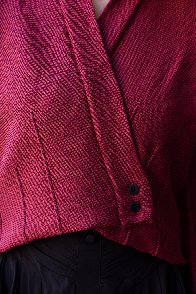 Fabric close of up  welted cotton cardi in damask rose colourway, designed and made in Melbourne by Wendy Voon Knits