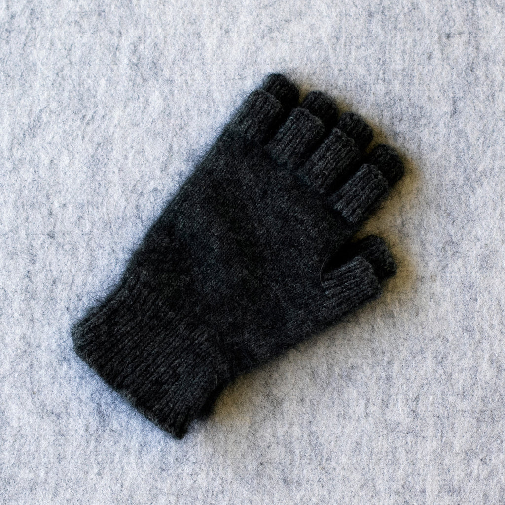 Graphite coloured fingerless gloves in a merino wool, possum and silk blend