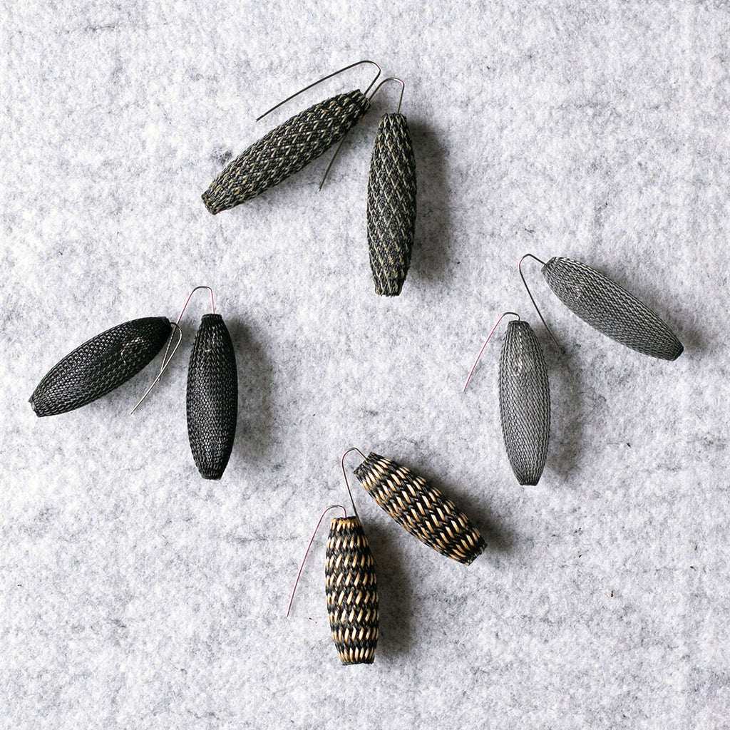 Group of mesh cocoon earrings in metallic colourways by Workshop 85