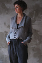 Models wears a soft grey chunky knit cropped cardigan with a shawl collar and  3 button front/