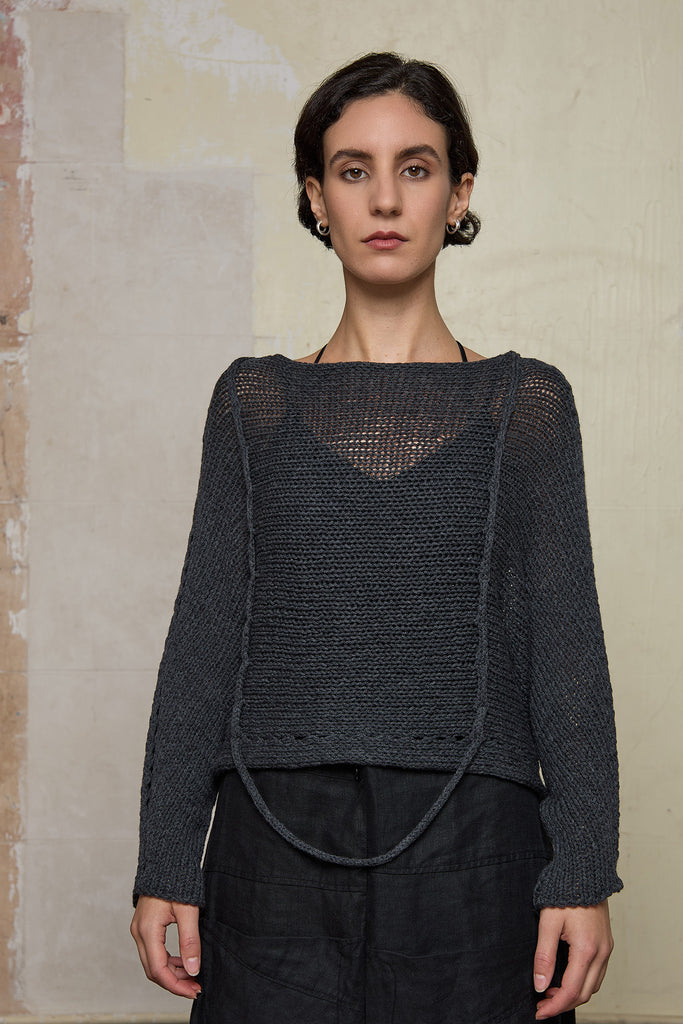 Front view of loose cord knit batwing in charcoal, designed by Wendy Voon knits and made in Melbourne.