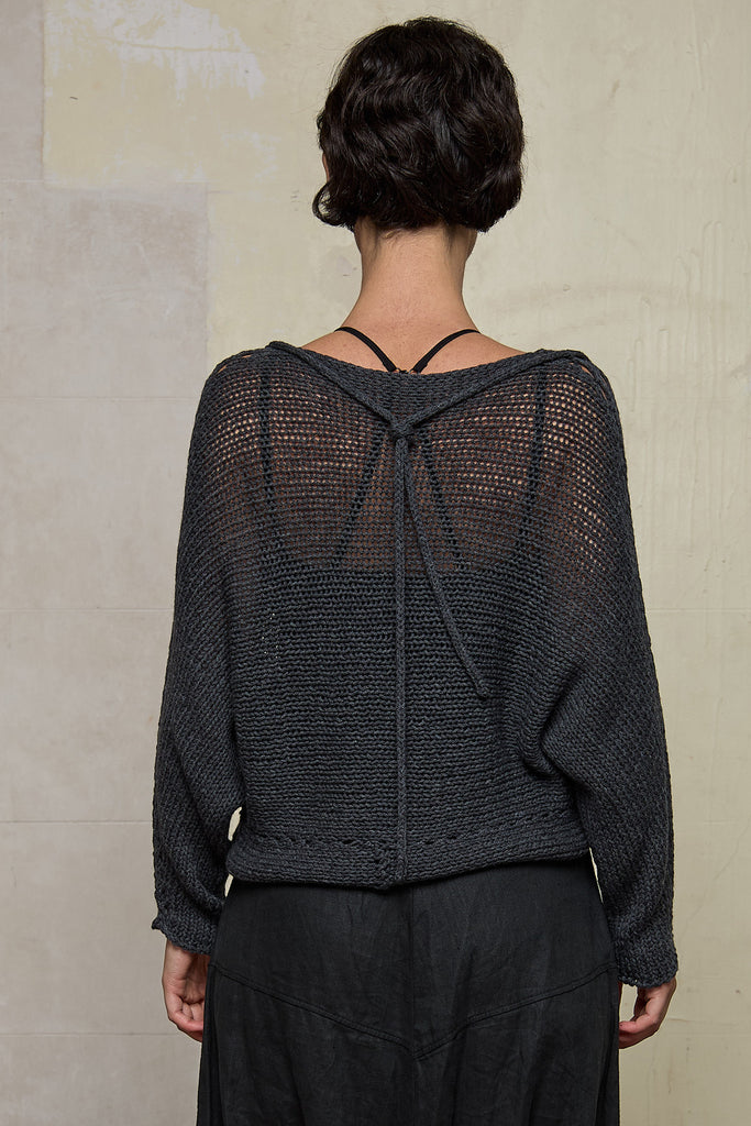 Back view of loose cord knit batwing in charcoal, designed by Wendy Voon knits and made in Melbourne.