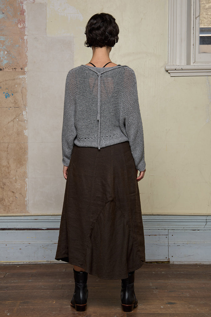 Back view of loose cord knit batwing in soft grey, designed by Wendy Voon knits and made in Melbourne.
