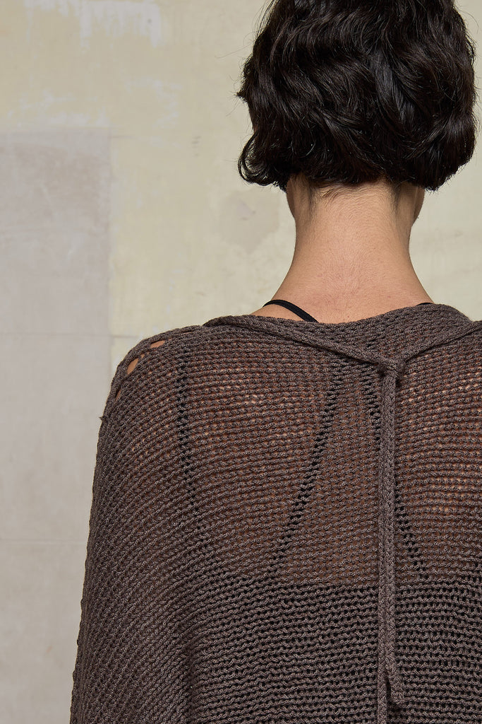 Back view of loose cord knit batwing in mushroom, designed by Wendy Voon knits and made in Melbourne.
