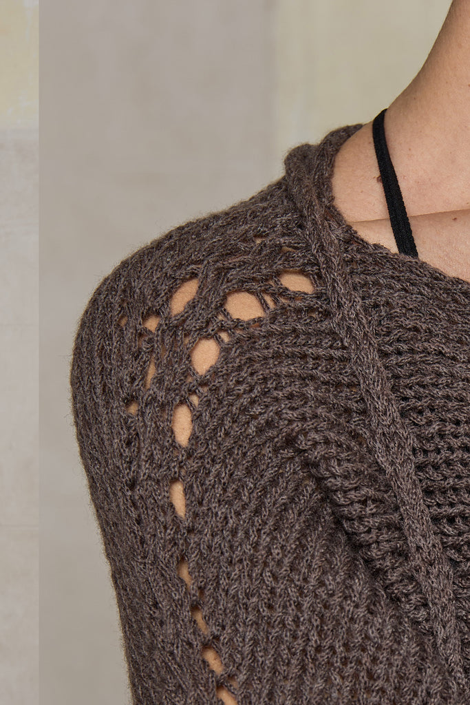 Close up fabric view of loose cord knit batwing in mushroom, designed by Wendy Voon knits and made in Melbourne.