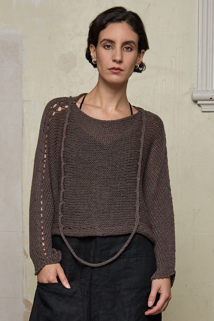 Front view of loose cord knit batwing in mushroom, designed by Wendy Voon knits and made in Melbourne.