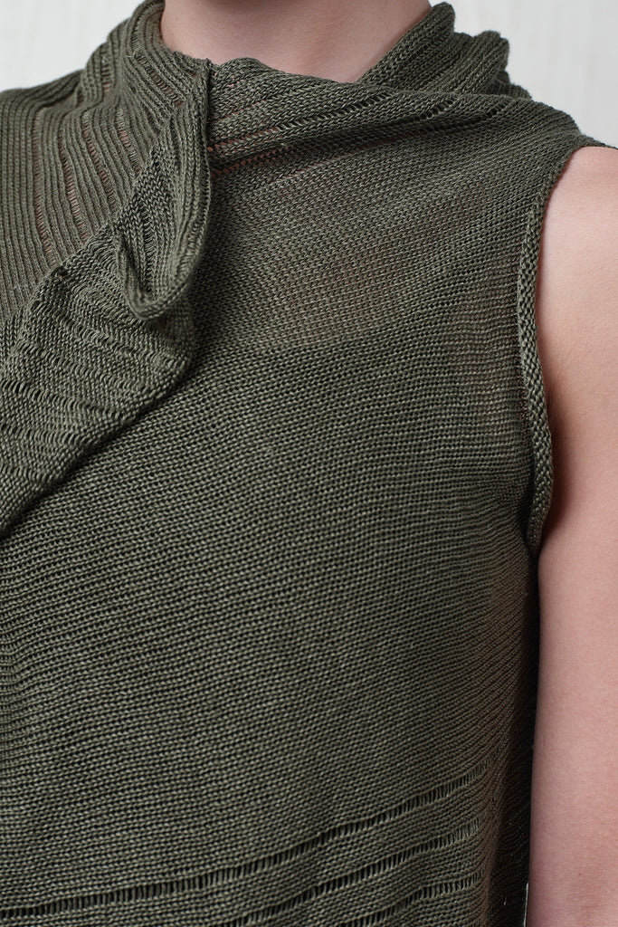 Close up fabric view of army linen laddered vest. Designed and knitted in Melbourne by Wendy Voon knits.