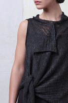 Close fabric view of charcoal linen laddered vest. Designed and knitted in Melbourne by Wendy Voon knits.