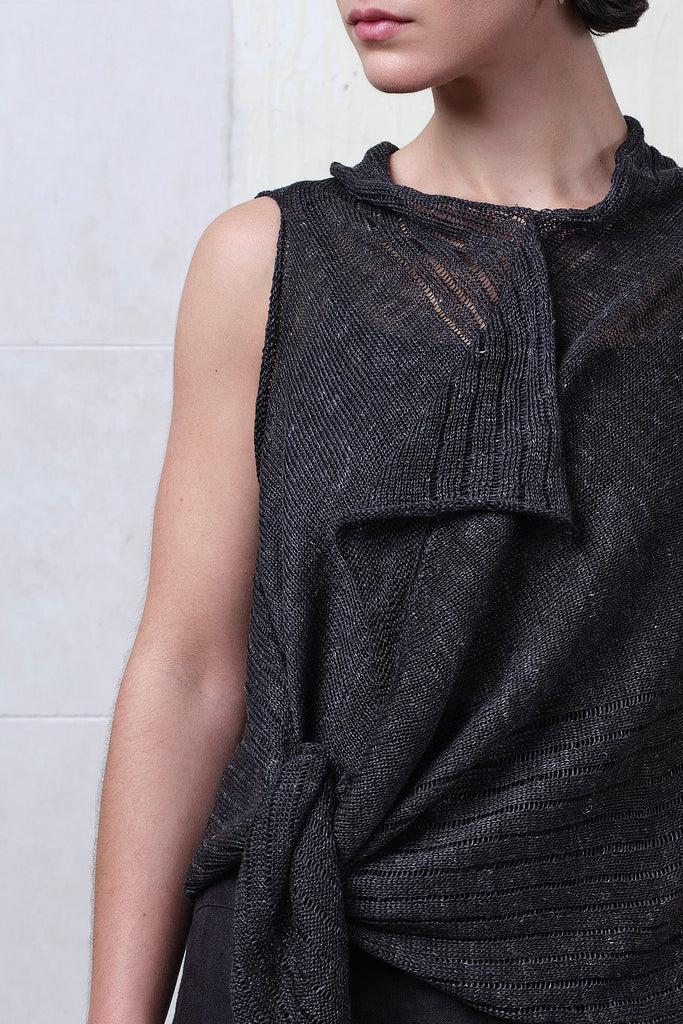 Close fabric view of charcoal linen laddered vest. Designed and knitted in Melbourne by Wendy Voon knits.