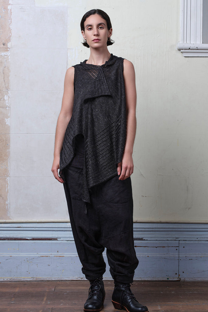 Model wears charcoal linen laddered vest. Designed and knitted in Melbourne by Wendy Voon knits.