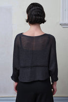 Back view of Cotton Batwing  in slate colourway, featuring large stitch details,  designed by Wendy Voon knits.