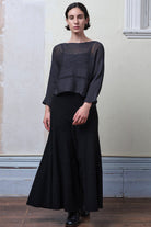 Front view of Cotton Batwing  in slate colourway, featuring large stitch details,  designed by Wendy Voon knits.