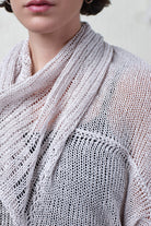 Close up fabric view of pearl coloured knitted back scoop jumper in a cotton/linen blend. Designed and knitted in Melbourne by Wendy Voon knits.