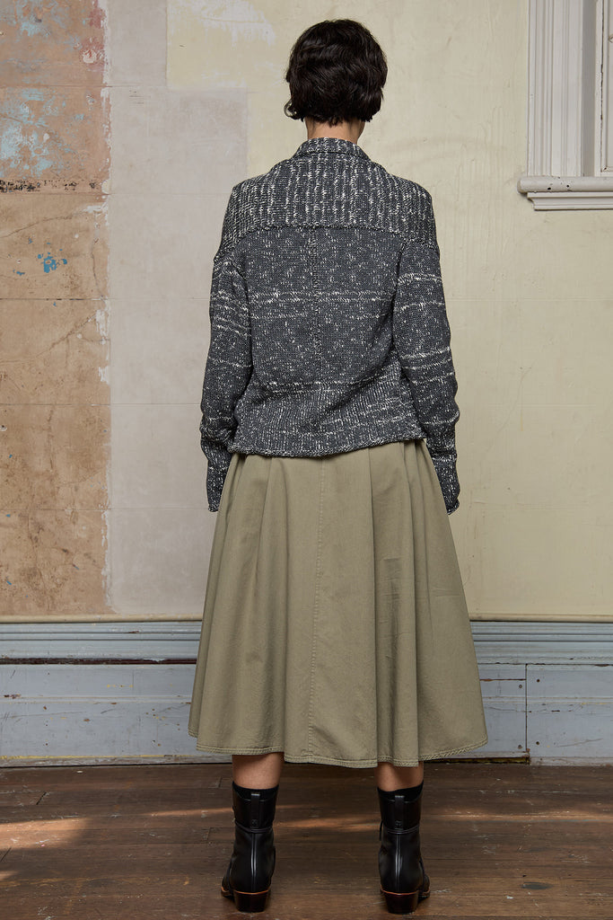 Back view of grey flecked chunky knit cardigan, with ruched detail.  Designed and made by Wendy Voon knits