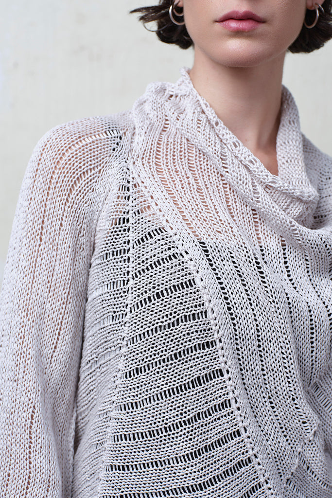 Fabric view of pearl linen/cotton jumper, showing laddered fabric and seam details. Designed and knitted in Melbourne by Wendy Voon knits