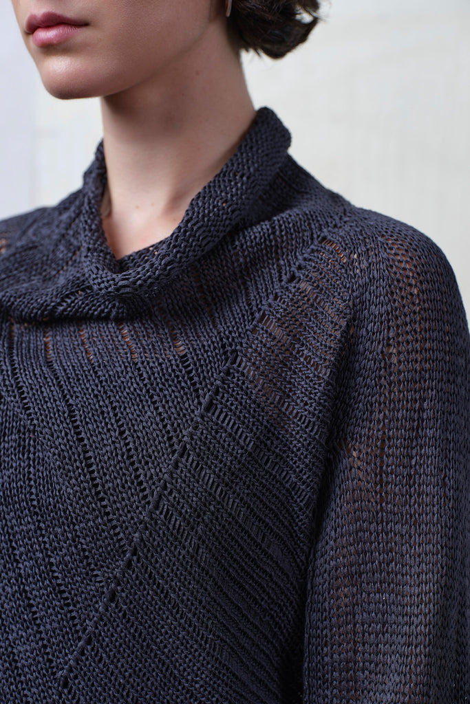 Detail of cotton knitted funnel neck jumper, showing laddered and seam details. Designed and knitted in Melbourne by Wendy Voon knits